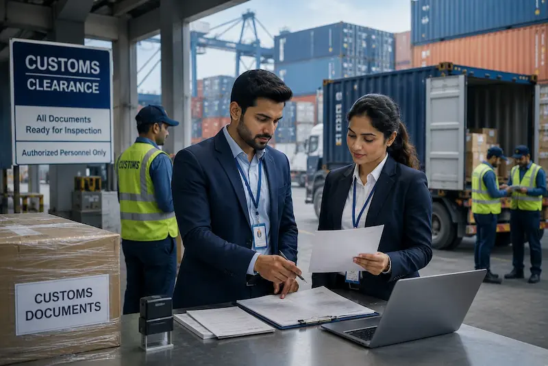 Customs clearance officers reviewing shipment documents