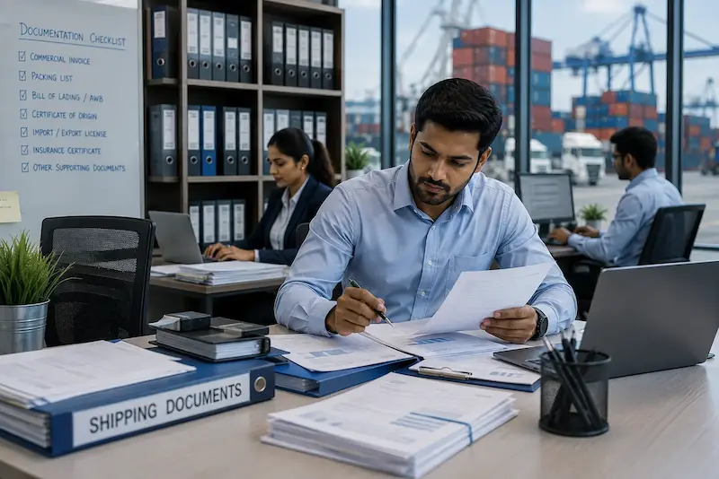 Team member organizing shipping and trade documentation