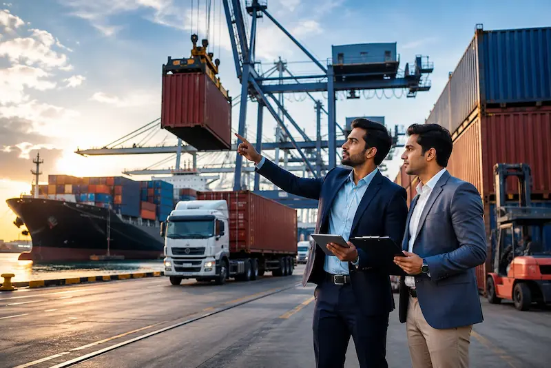 Business professionals coordinating an import and export shipment